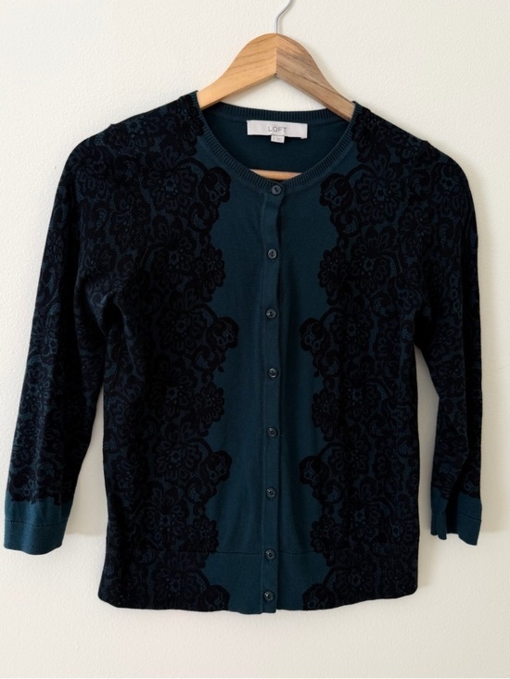 LOFT Teal and Black Floral Burnout Button Cardigan